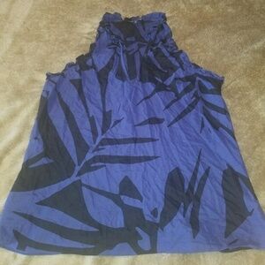 Express Sleeveless Ruched Neck & Arm M Top. Blue & Black Print. Flowy Bodice
